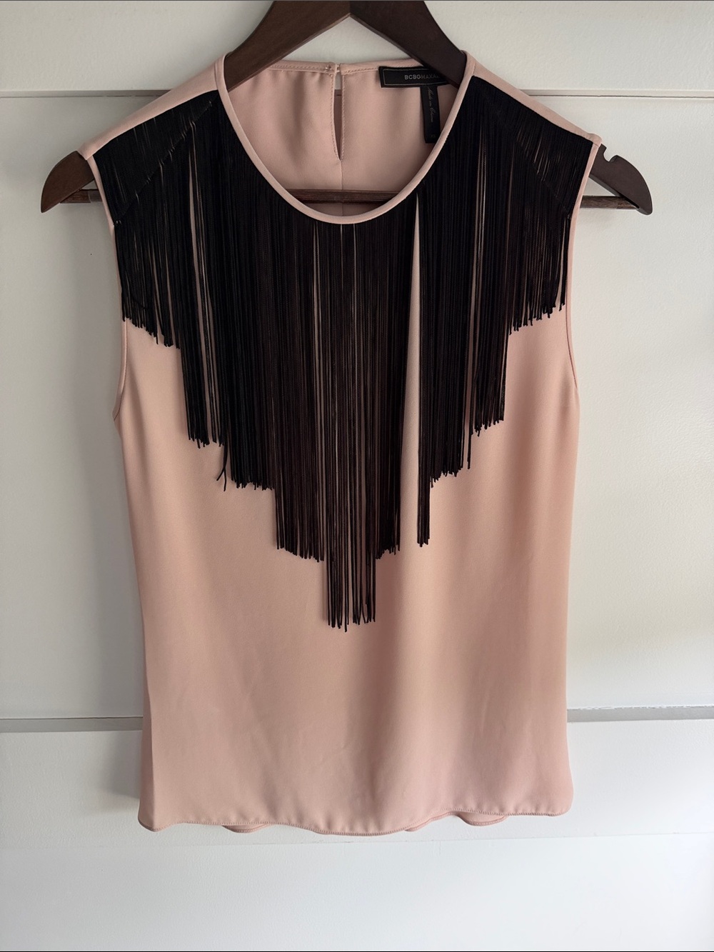 BCBGMaxAzria Blush Pink Sleeveless Top with Black Fringe